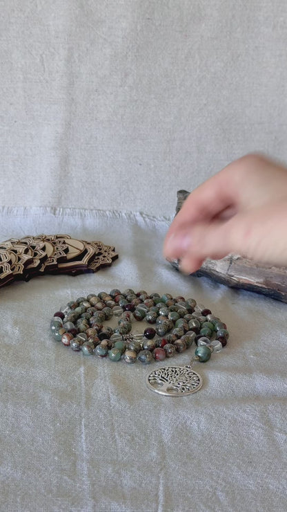 4 Elements Mala Necklace – Aqua Terra Jasper, Clear Quartz, Garnet & Agate for Balance and Vitality