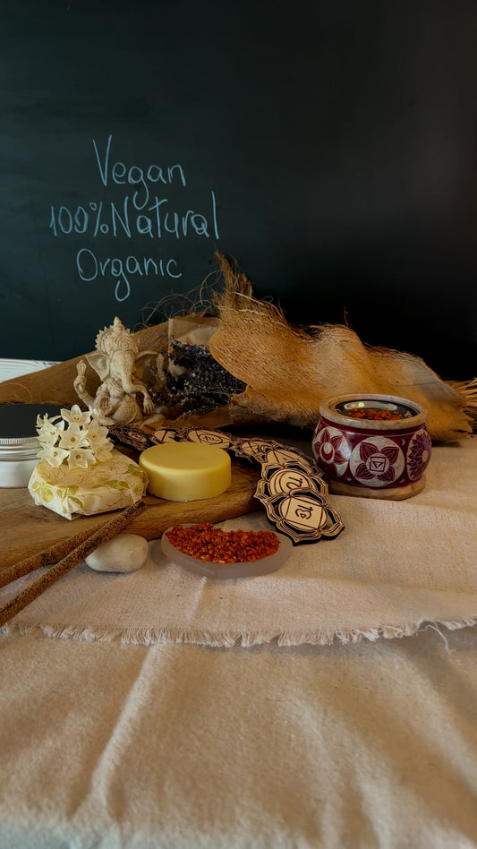 video preview of ritual body butter Samdea, organic, ethically source ingredients, natural fragrances, natural essential oil on wood with gemstones.Jasmine flowers, lavender and sandalwood.