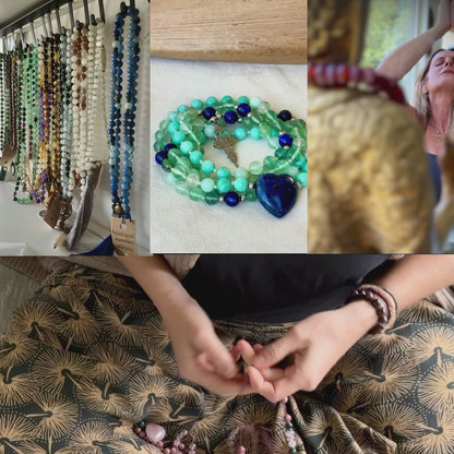 Video preview of Custom Energetic and grounding mala necklace – perfect for meditation and spiritual gifts. Fluorite, Lapis and amazonite beads with lapis charm