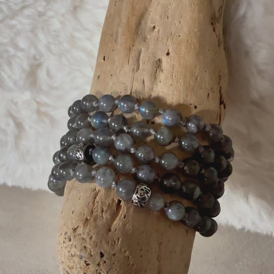 Video of Mala bracelet in Labradorite with natural gemstones – a custom spiritual bracelet for meditation, protection and emotional healing. Handmade.