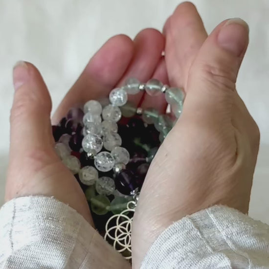 video preview of Samdea Mala with green fluorite, amethyst and clear quartz 108 prayer beads with Seed of Life pendant full view