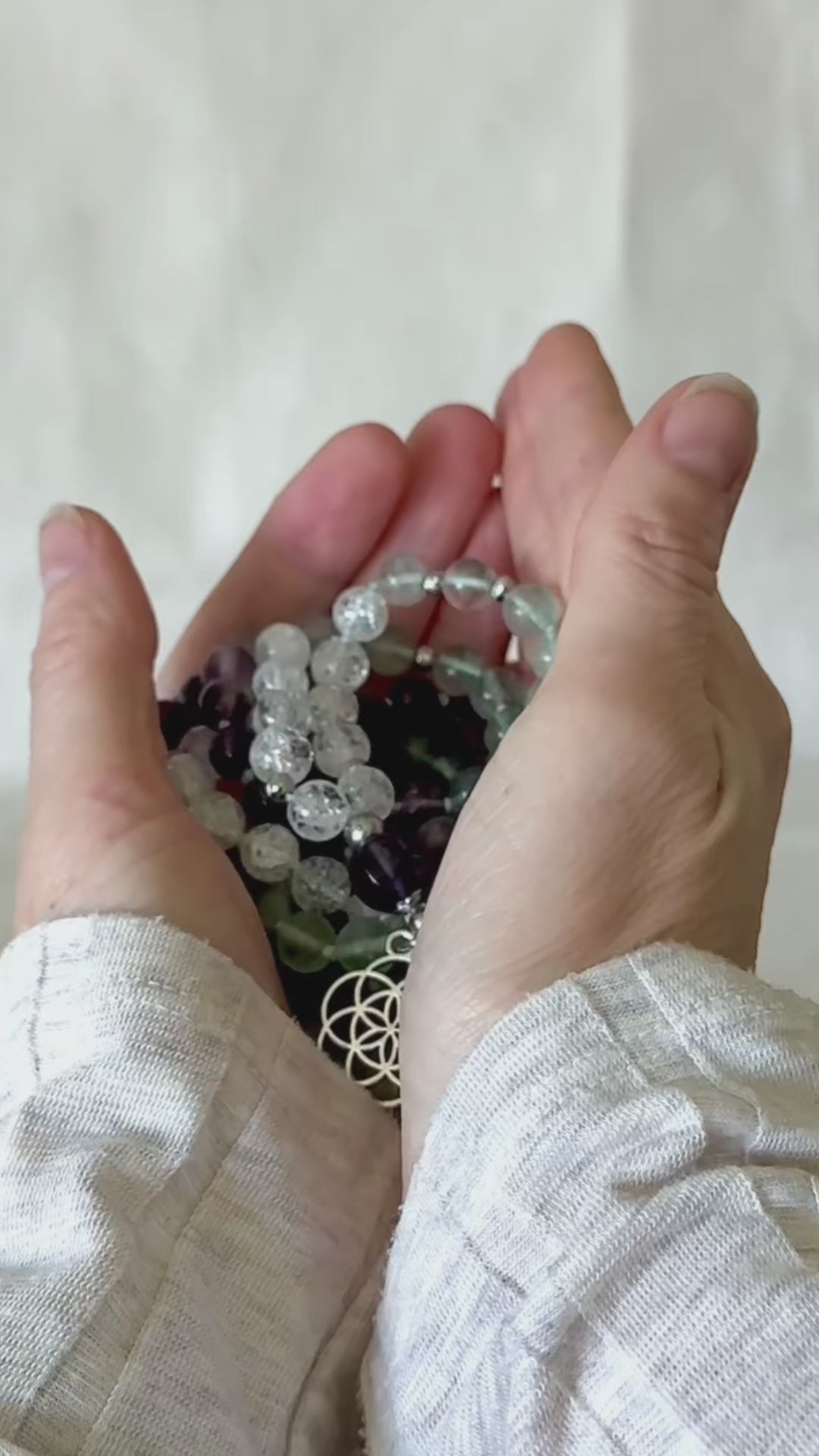 video preview of Samdea Mala with green fluorite, amethyst and clear quartz 108 prayer beads with Seed of Life pendant full view