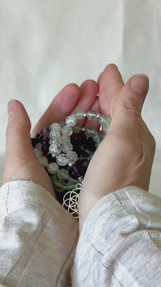 video preview of Samdea Mala with green fluorite, amethyst and clear quartz 108 prayer beads with Seed of Life pendant full view