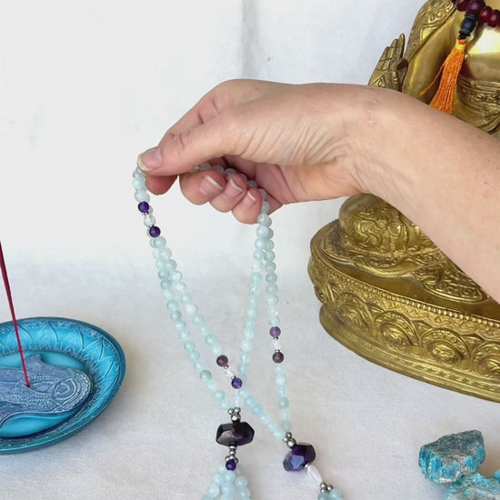 video preview of Soka Gakkai Japanese Buddhist juzu, handmade prayer beads for Daimoku chanting and meditation. Nam Myoho Renge Kyo SGI - with amethyst and aquamarine. Samdea Mala 