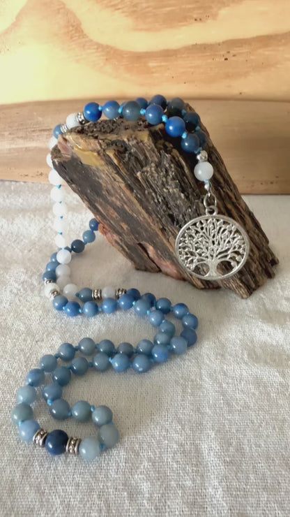 Blue Aventurine Short Mala Necklace – 81 Bead Mala with Frosted Clear Quartz and Tree of Life Pendant, Mala for Meditation and Inner Calm