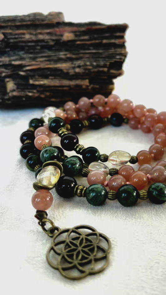 Sun Mala for meditation with Sunstone, Citrine, Garnet, and Jasper with seed of life pendant, mala for energy and light in your spiritual journey of mindfullness and meditation, 108 necklace