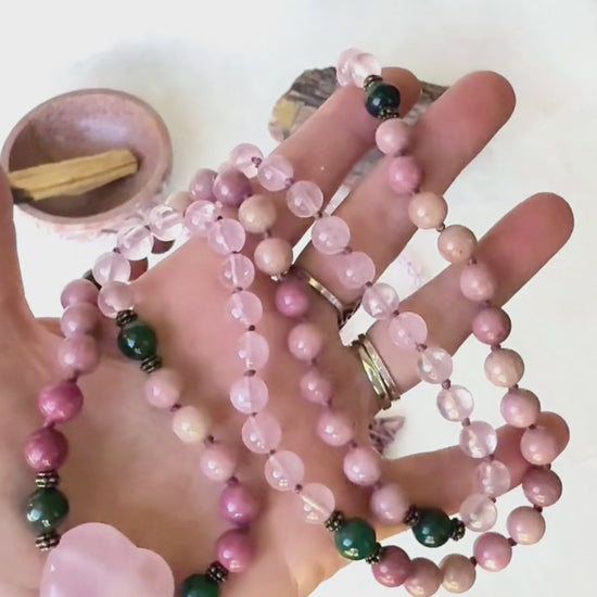Video preview of Ho’oponopono Mala Beads for self-love - mala for meditation energy crystals for heart chakra, spiritual mala necklace, natural gemstones mala beads