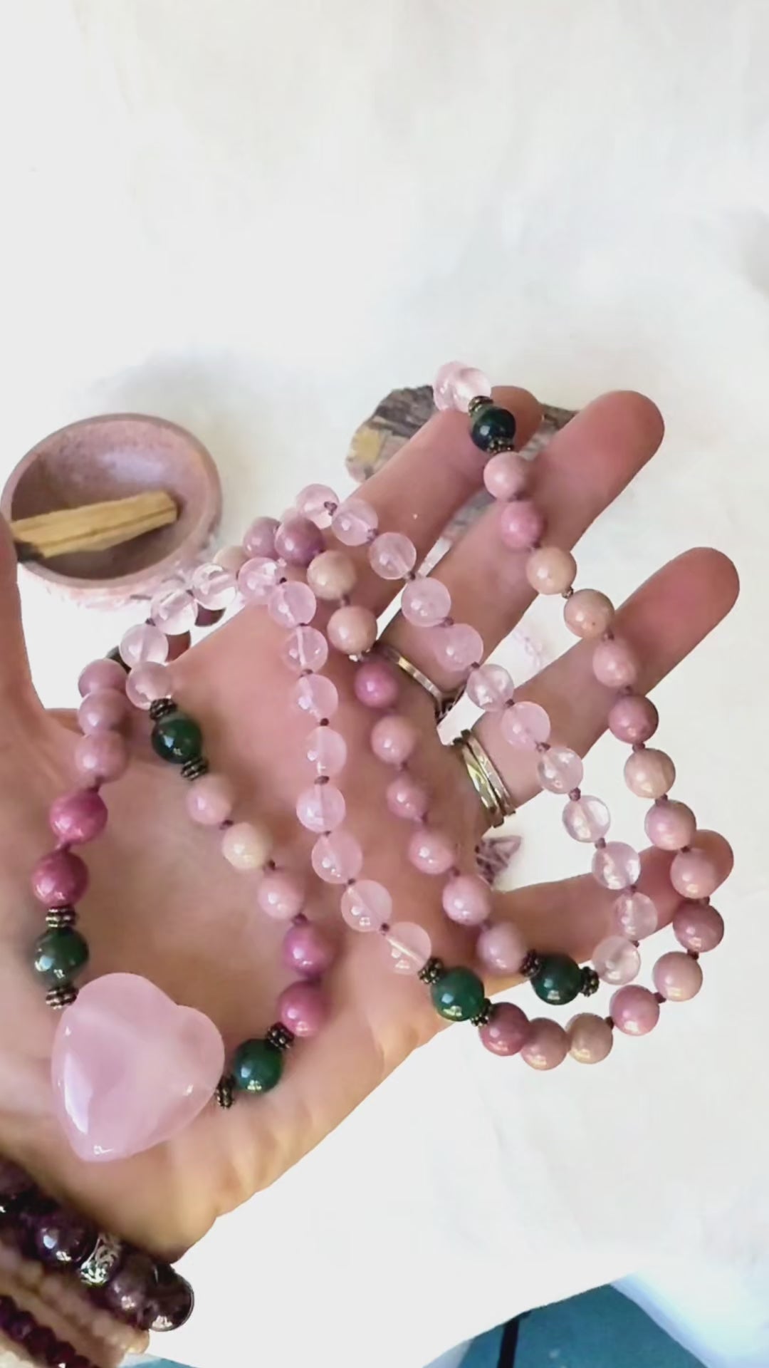 Video preview of Ho’oponopono Mala Beads for self-love - mala for meditation energy crystals for heart chakra, spiritual mala necklace, natural gemstones mala beads