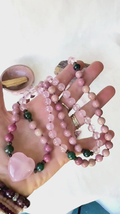 Video preview of Ho’oponopono Mala Beads for self-love - mala for meditation energy crystals for heart chakra, spiritual mala necklace, natural gemstones mala beads
