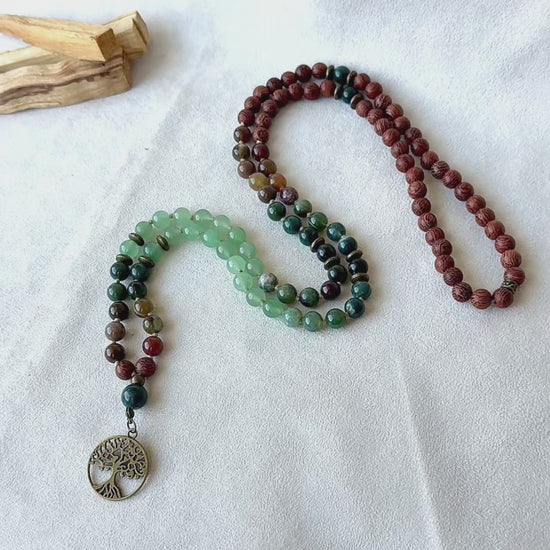 Video preview Mala in dragon wood, Indian Agate and Aventurine - meditation mala, custom mala, meditation necklace, spiritual mala, Mala for man - Samdea Mala