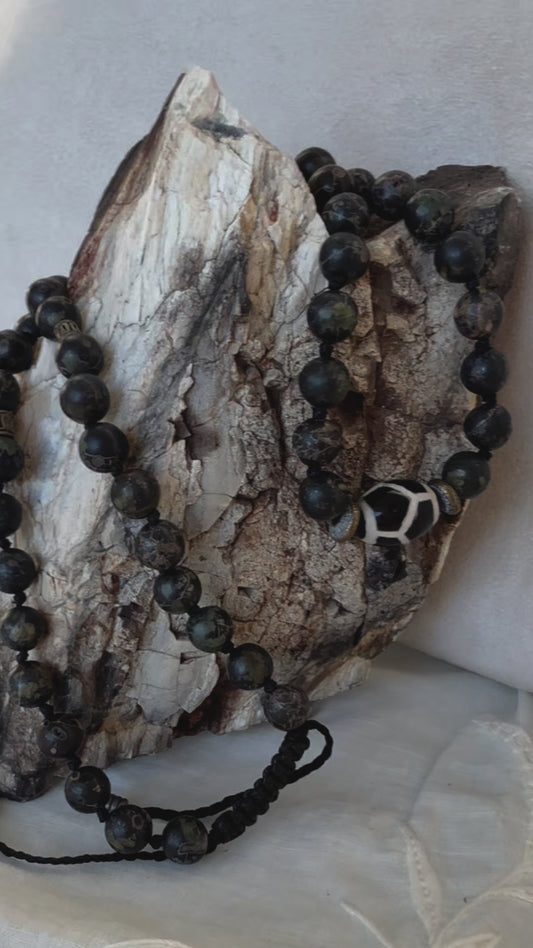 Half Mala and Wrap Bracelet in Natural Plum Blossom Jade – Handmade Mala Necklace for Emotional Harmony & Protection