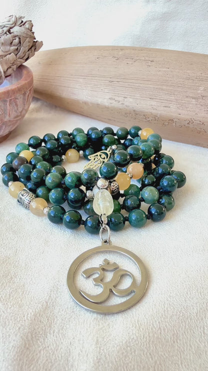 Green Mala for Meditation – Moss Agate, Citrine & Yellow Jade for Clarity and New Beginnings