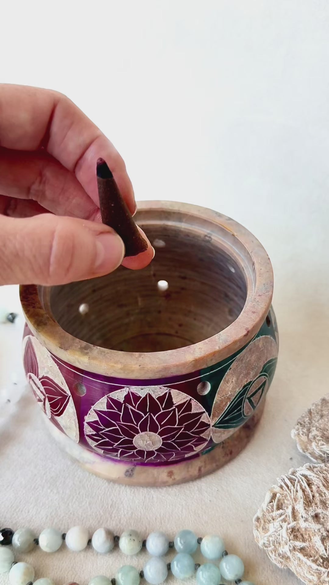 Hand-carved soapstone cone incense and resin burner, with multi-color 7 chakra design. Burning cone incense, resins, powdered incense, or charcoal discs.