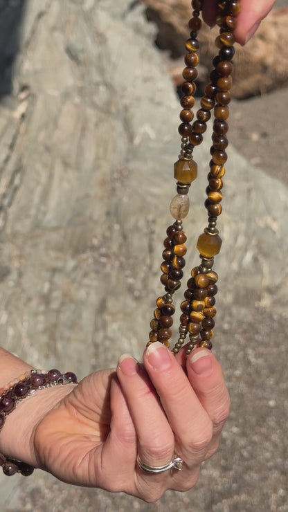 Tiger’s Eye Juzu – Japanese Buddhist Prayer Beads with Citrine Enlightenment Bead for Strength and Clarity