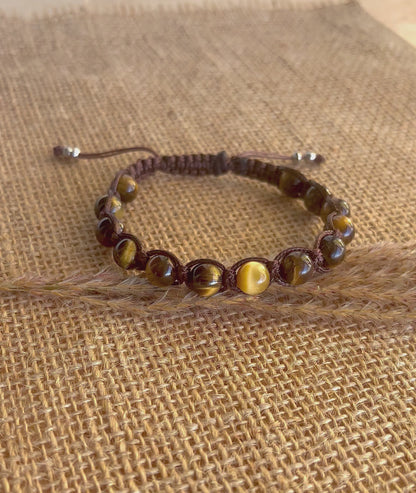 Shamballa, Tibetan Tamashii-Style Bracelet in Tiger Eye - meditation bracelet beads, in brown and yellow shades. Man spiritual bracelet.