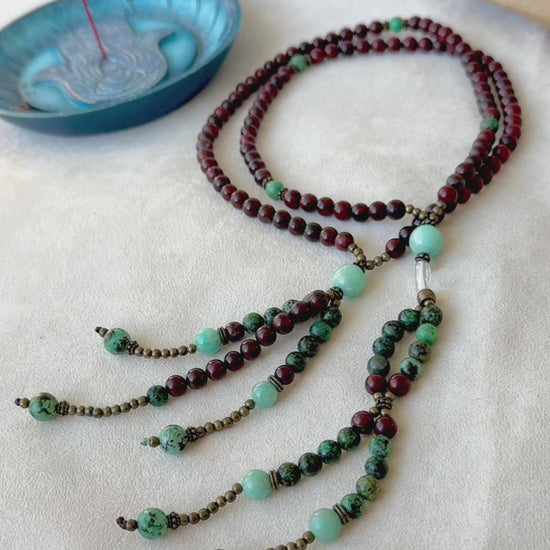 video preview of red jasper juzu tassel prayer beads – handmade Japanese Buddhist mala for chanting Nam Myoho Renge Kyo mantra and spiritual 