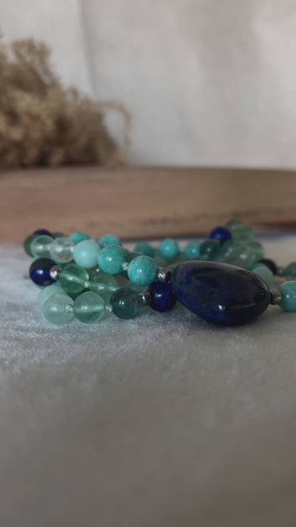 Handmade 108 mala beads with blue and green gemstones – sacred tool for mindfulness. Zodiac Sign Virgo mala for meditation - Virgo Zodiac Sign Mala Beads