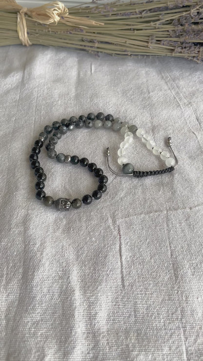 Video preview of Half Mala & Wrap Bracelet in Obsidian, Labradorite & Selenite – Custom Mala Beads Necklace Handmade 