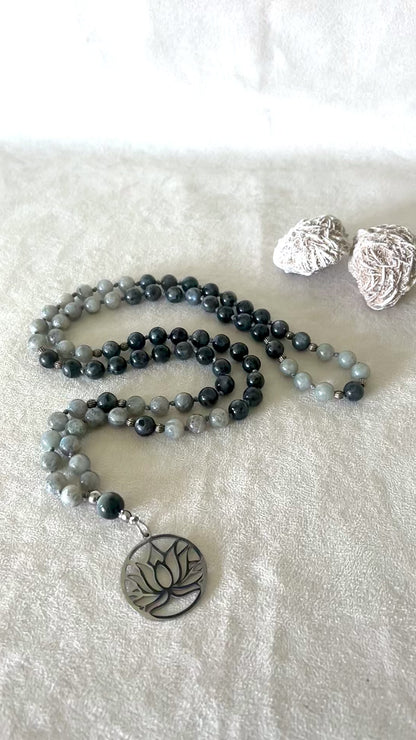 video short Mala in Labradorite and Hawk Eye - custom mala bead, spiritual mala 