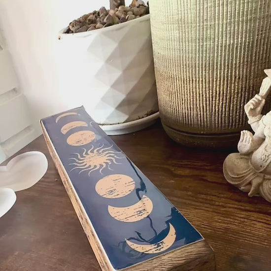 Video preview Incense cone and sick burner, sacred incense holder, cleansing ritual, lunar Phases, 7 charkas, hippie trippie