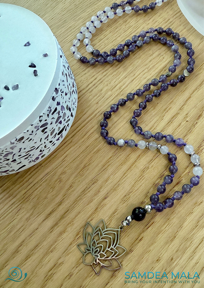 Amethyst, Quartz & Selenite for Purifying and Recharging Crystals | Jewelry Holder for Mala Beads - with natural selenite, amethyst, and quartz crystals with mala in amethyst