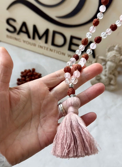 Close-up of rudraksha beads guru bead, rose tassel mala for meditation