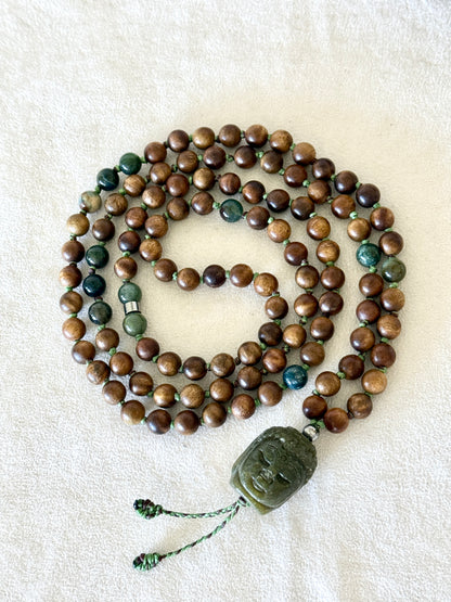 Sandalwood and Indian agate beads with the hand-carved jade Buddha pendant