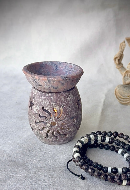 Samdea Mala 3" soapstone Aromatherapy Diffuser  oil lamp & incense burner on rustic altar, carved steatite for meditation altar