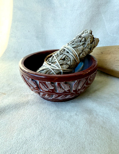Side view of spiritual incense bowl made from hand-carved soapstone - Samdea Mala