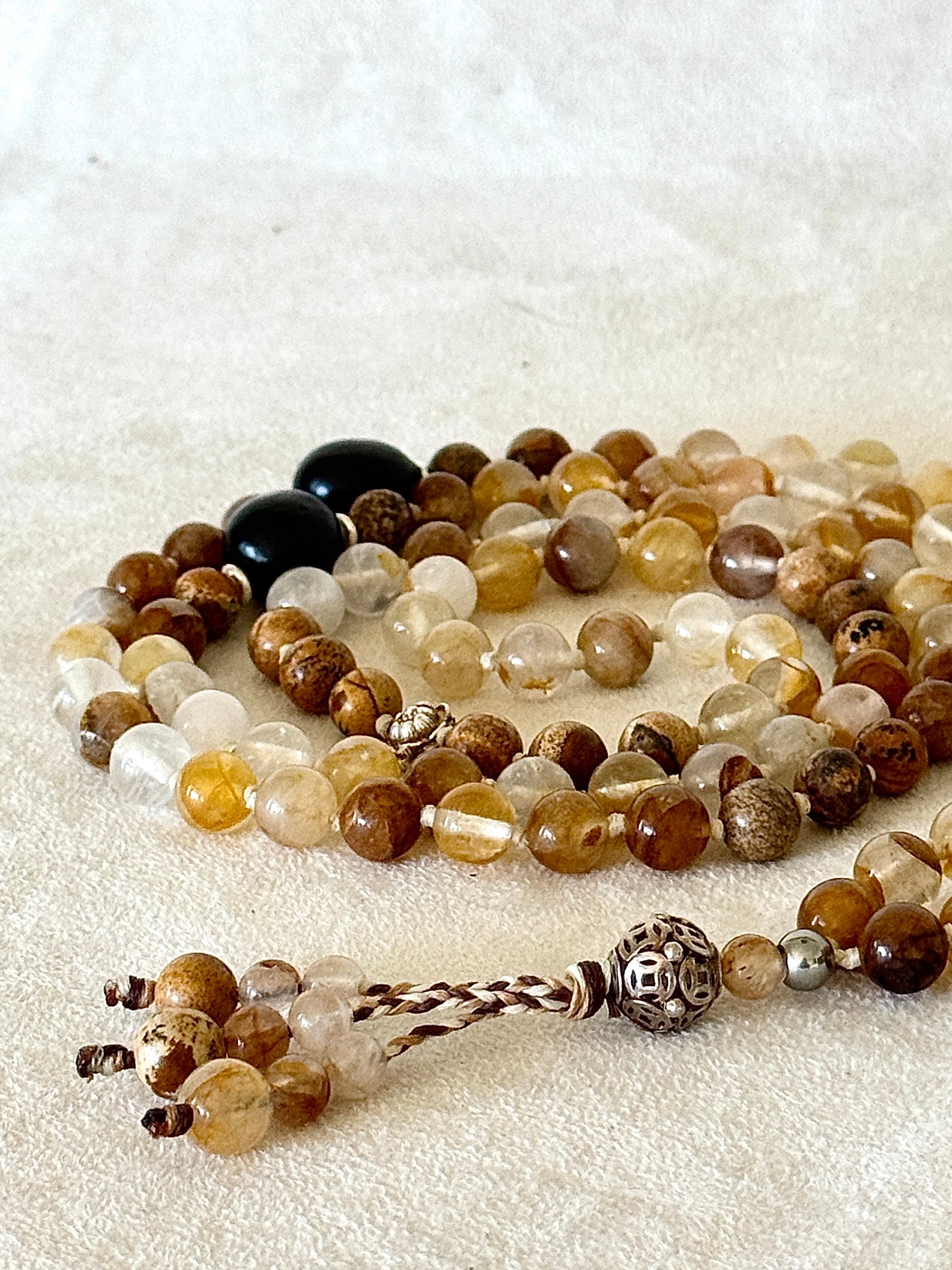 108 bead hematoid quartz and sand jasper mala for meditation with soapberry seeds and sterling silver details, handmade mala necklace