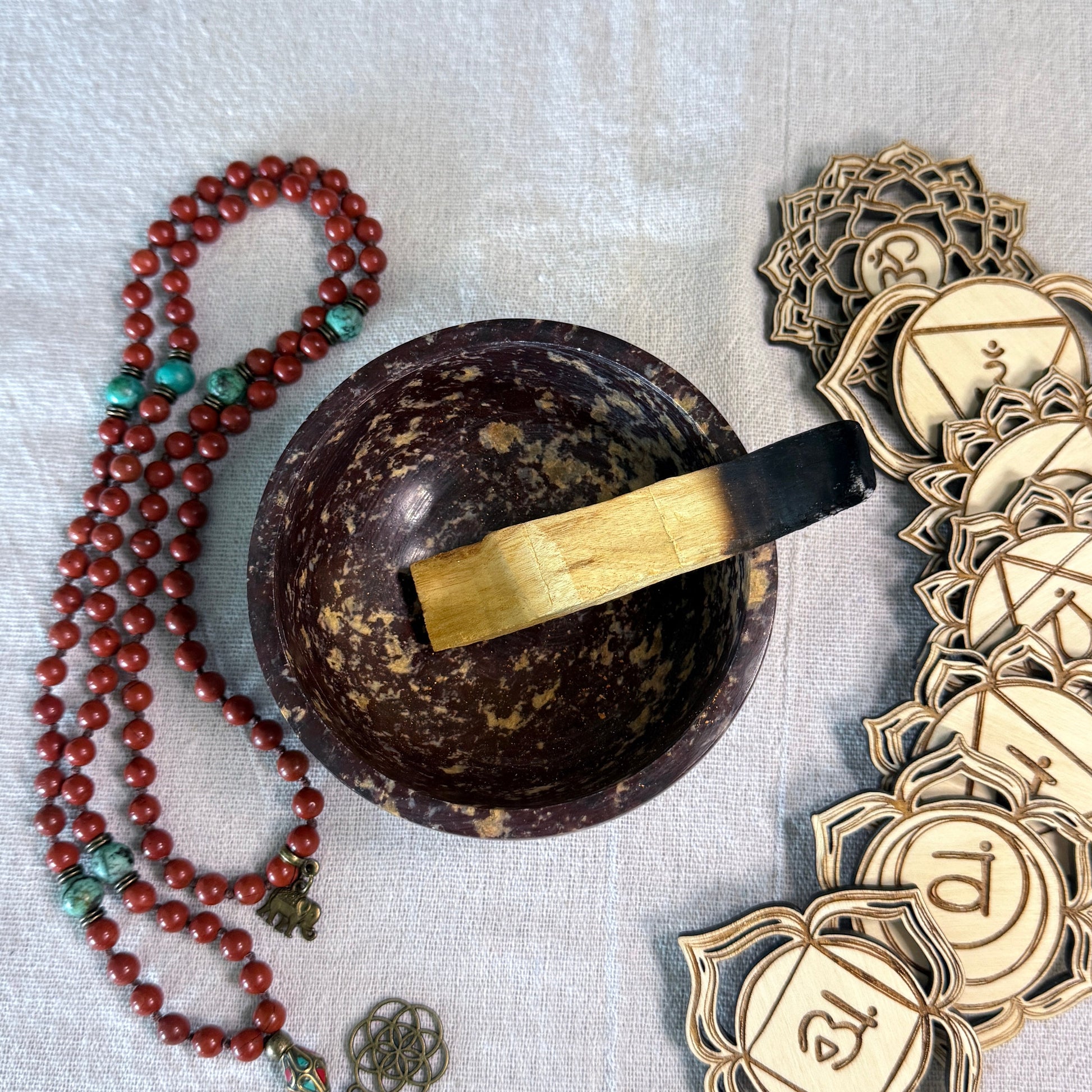 stone SMUDGE BOWL with red jasper mala and tourquoise mala for meditation and 7 chakras symbols