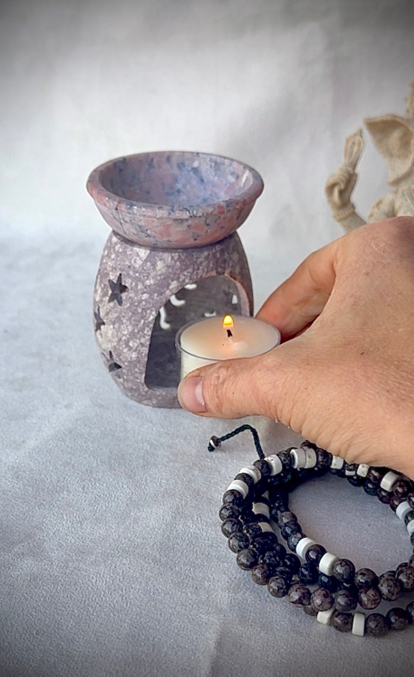 tealight for a natural stone oil and incense burner, carved natural sopastone for yoga space