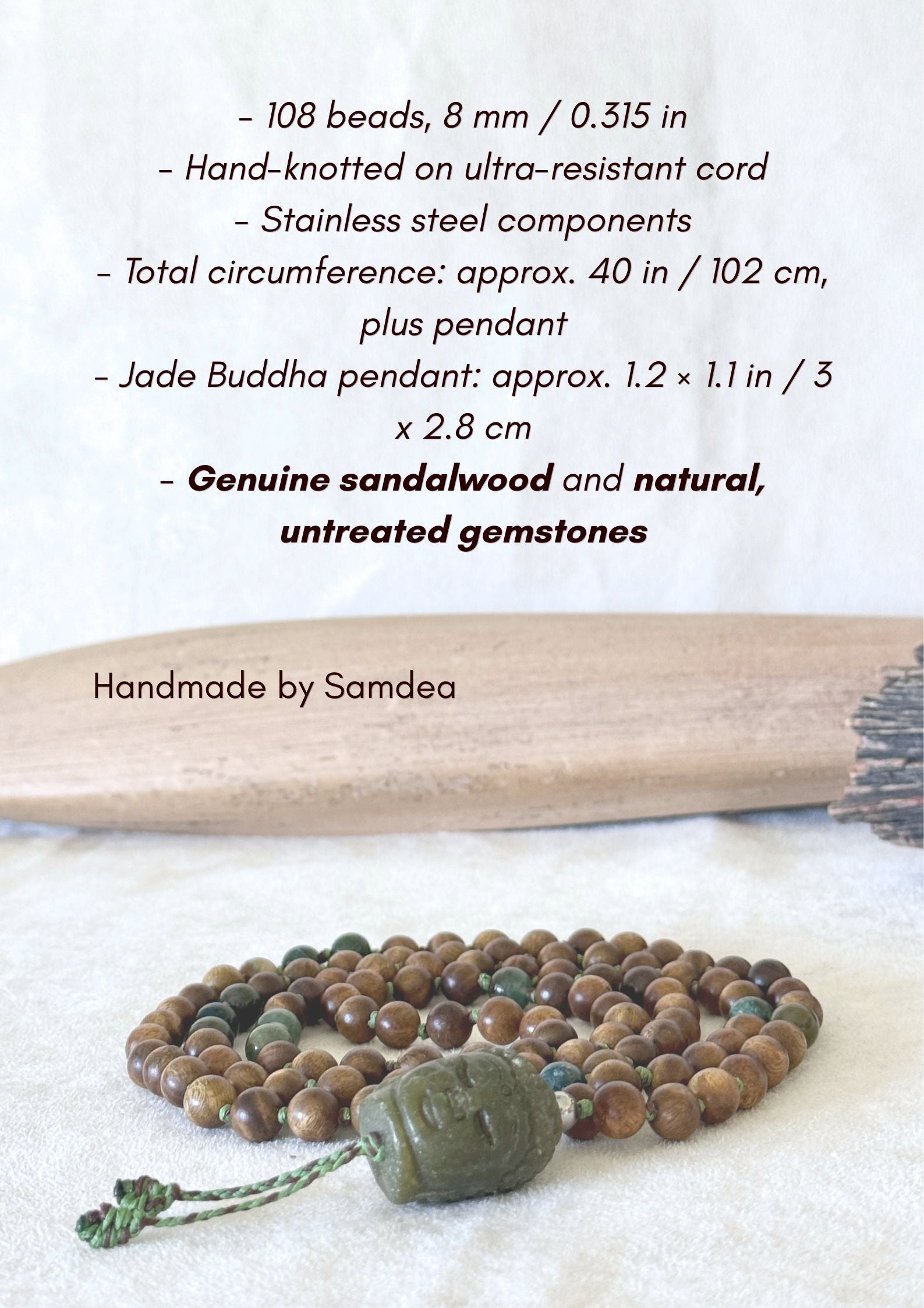 technical details of sandalwood mala beads for meditation Samdea Mala with authentic sandalwood beads, Indian agate and hand-carved Jade Buddha pendant for meditation and spiritual practice