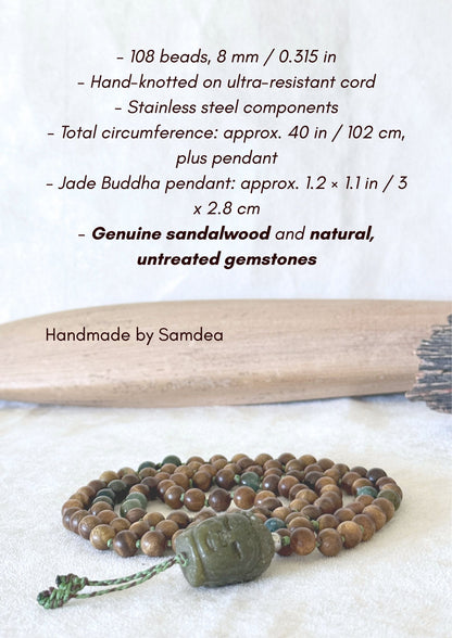 technical details of sandalwood mala beads for meditation Samdea Mala with authentic sandalwood beads, Indian agate and hand-carved Jade Buddha pendant for meditation and spiritual practice