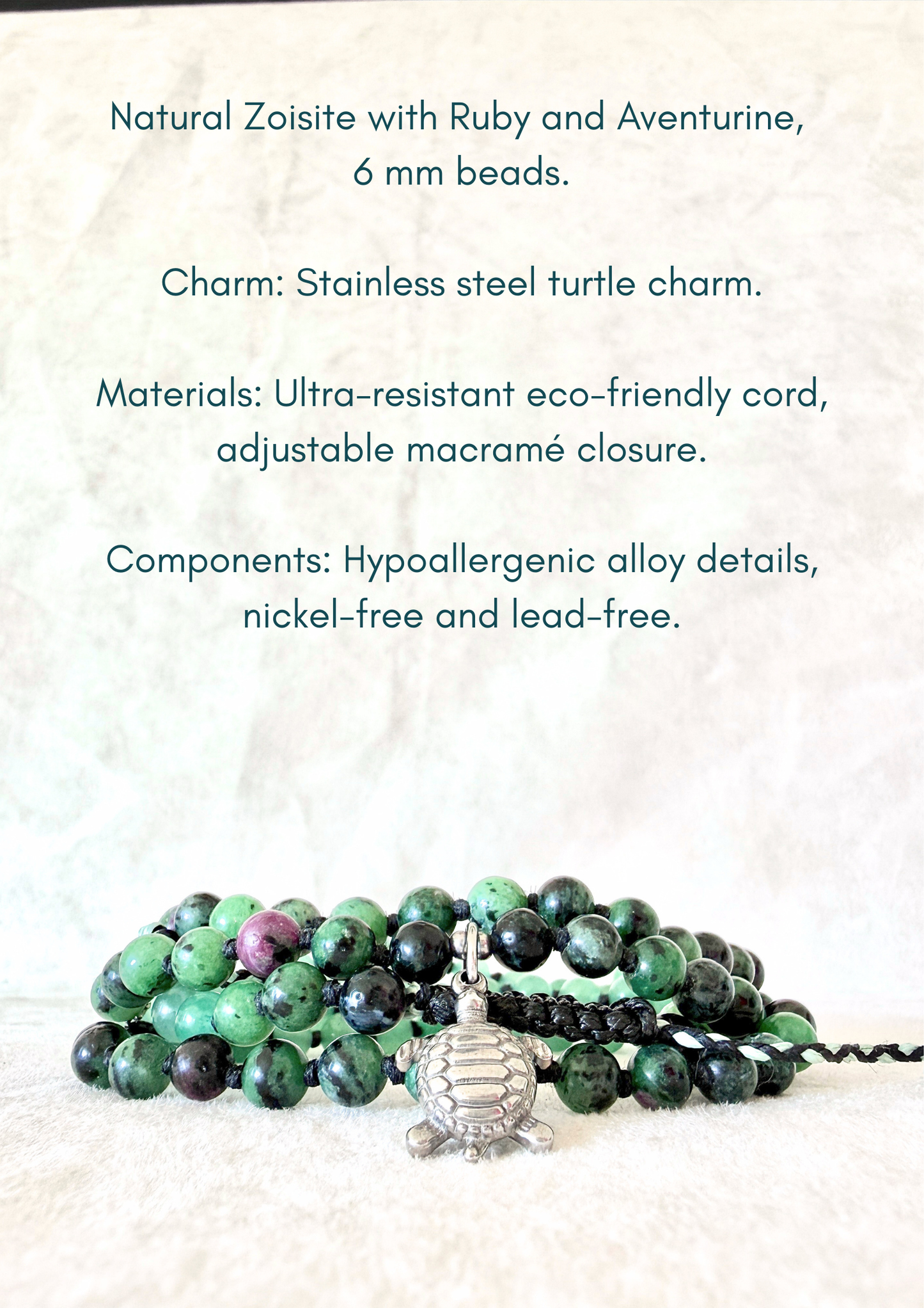 Handmade green mala bracelet with natural 6 mm gemstones, stainless steel turtle charm, adjustable macramé closure, and 108 bead mala necklace design for yoga, meditation, gentle growth, protection, and spiritual transformation. Samdea Mala