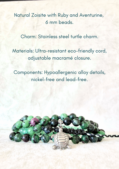 Handmade green mala bracelet with natural 6 mm gemstones, stainless steel turtle charm, adjustable macramé closure, and 108 bead mala necklace design for yoga, meditation, gentle growth, protection, and spiritual transformation. Samdea Mala