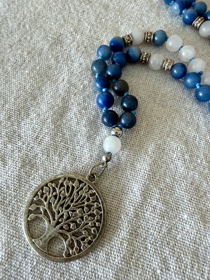 Blue Aventurine Short Mala Necklace – 81 Bead Mala with Frosted Clear Quartz and Tree of Life Pendant, Mala for Meditation and Inner Calm