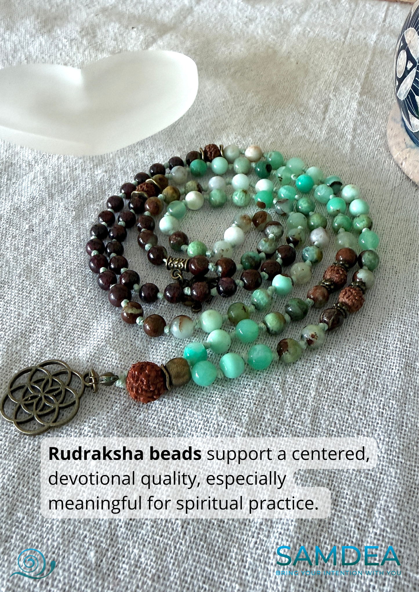 green japamala 100% natural chrysoprase garnet rudraksha mala beads for meditation necklace with Seed of Life pendant - Hand knotted 108 bead mala for mindfulness - meditation beads