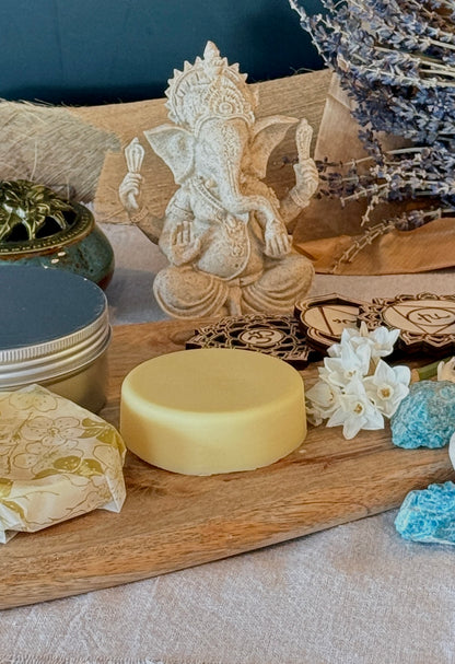 vegan body butter Samdea, organic, ethically source ingredients, natural fragrances, natural essential oil on wood with gemstones.Jasmine flowers, lavender and sandalwood.