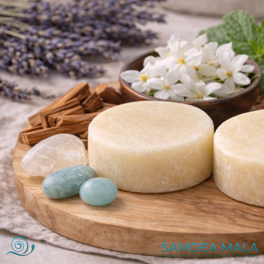 vegan body butter Samdea, organic, ethically source ingredients, natural fragrances, natural essential oil on wood with gemstones.Jasmine flowers, lavender and sandalwood.