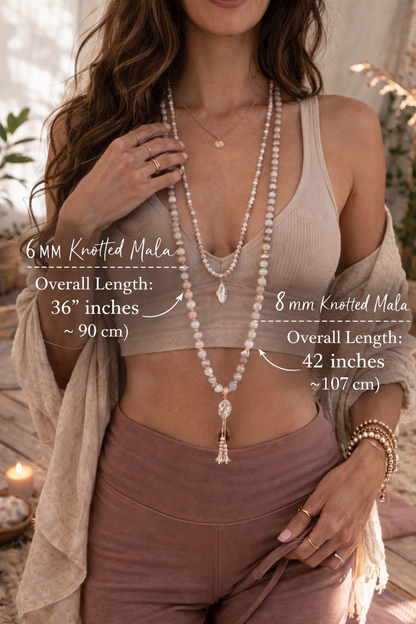 Samdea mala, woman wearing Custom mala beads lenght and size hand-knotted personalized japamala prayer beads in natural genuine gemstone