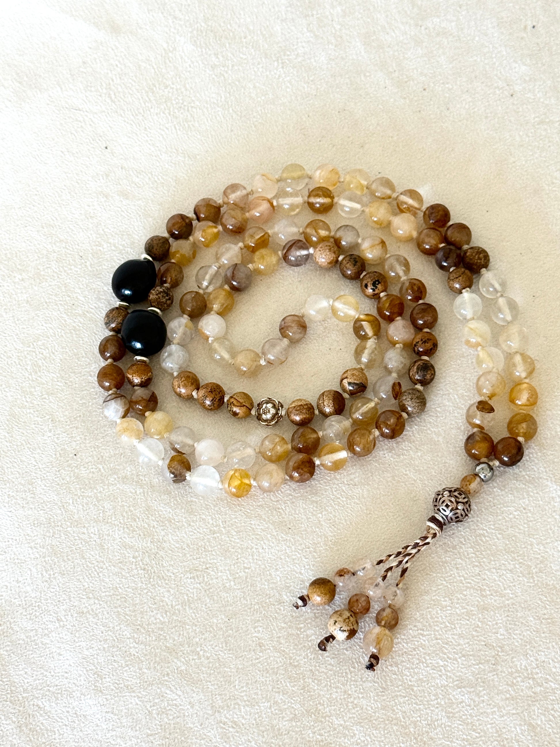 108 bead hematoid quartz and sand jasper mala for meditation with soapberry seeds and sterling silver details, handmade mala necklace
